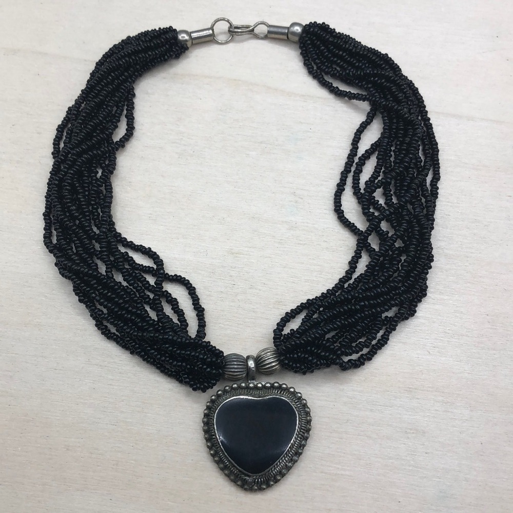 Vintage dark romantic beaded heart pendant collar/choker necklace-statement.